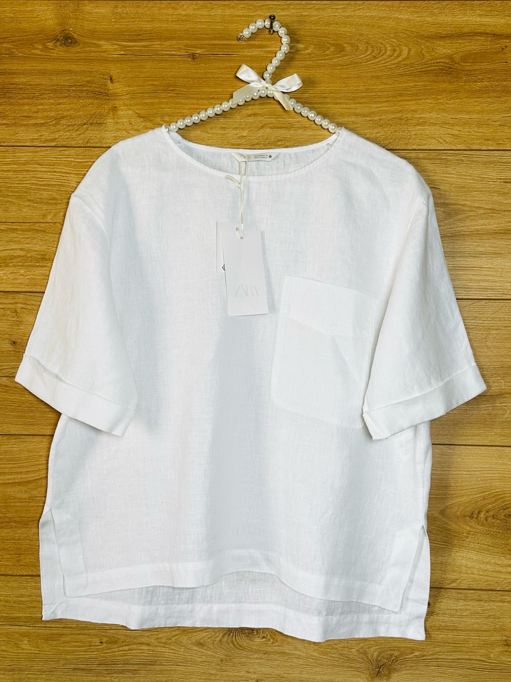 Zara White 100% Linen Short-Sleeve Pocket Tee - Picture 2 of 9